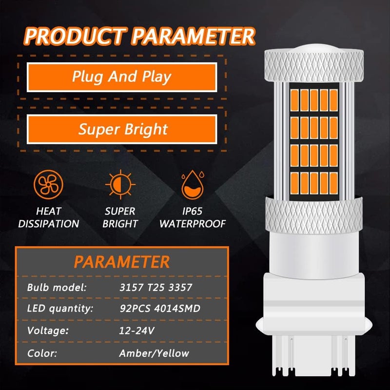 GLOFE High Power 92smd LED Bulbs 3000K Amber Yellow 3157 3156 4157 4057 Front Rear Turn Signal Blinker Marker DRL Daytime Running Light LED Bulb Lamp Replacement for Cars,Trucks, SUVs, Vans - Image 2
